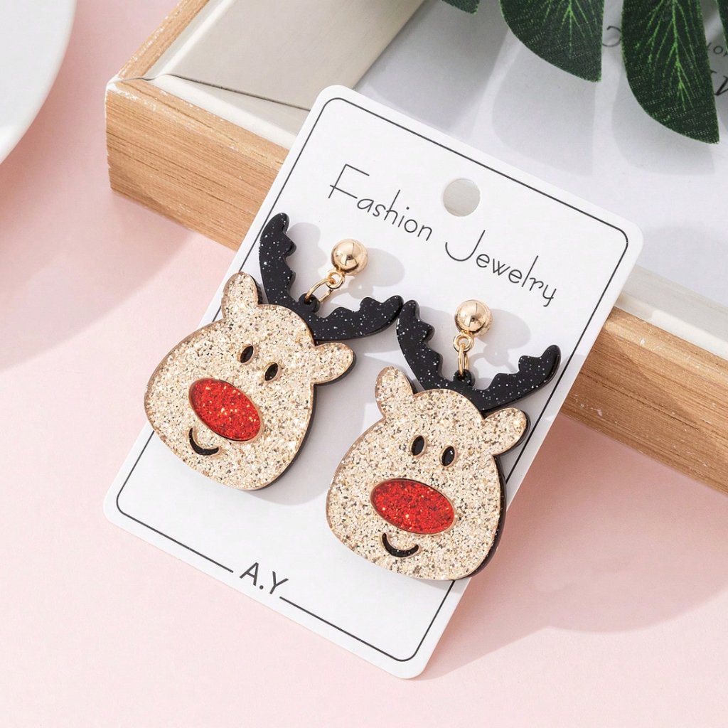Adorable Glitter Rudolph The Red Nose Reindeer Christmas Earrings A17s2
